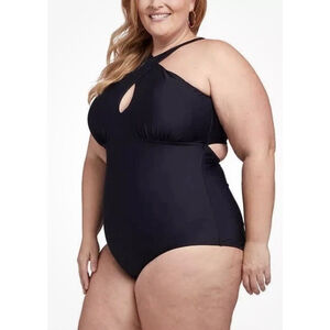 LYSA Swim Women's Kylie Keyhole High Neck Open Back Swimsuit, Black Halter, 2X